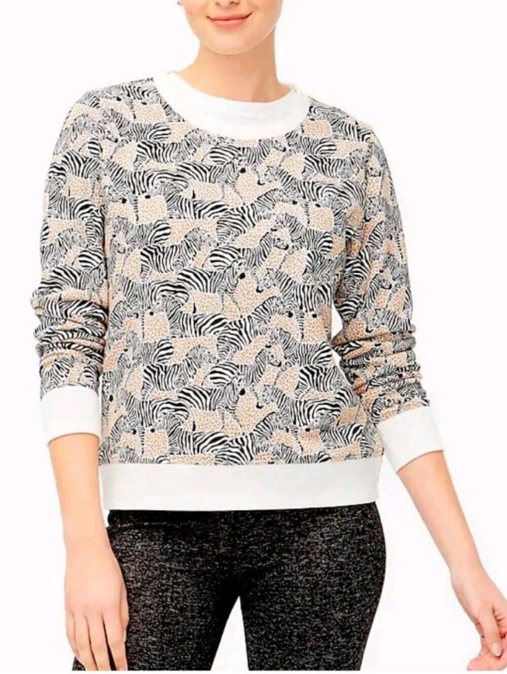 J. Crew Beige and Black Zebra-Print Crewneck Sweater